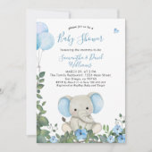 Dusty Blue Watercolor Niedlich Elephant Baby Dusch Einladung (Vorderseite)