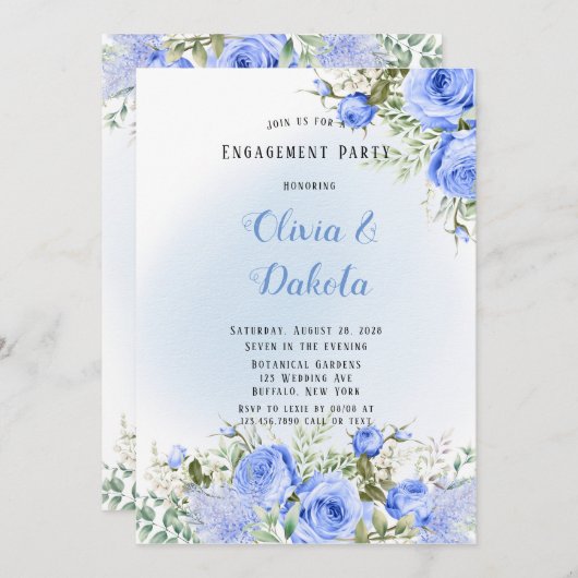 Dusty Blue Watercolor Peony Bloom Engagement Party Einladung (Vorne/Hinten)
