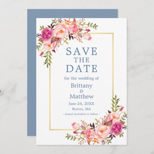 Dusty Blue Watercolor Pink Roses Save the Date (Vorne/Hinten)
