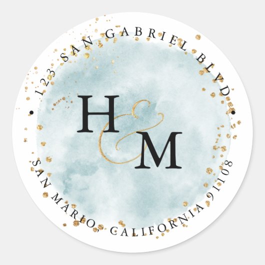 Dusty Blue Watercolor Pinsel Gold Script Ampersand Runder Aufkleber (Vorderseite)