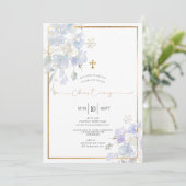 Dusty Blue Watercolor Platterbsen Christening Einladung (Stehend Vorderseite)