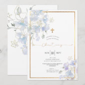 Dusty Blue Watercolor Platterbsen Christening Einladung (Vorne/Hinten)