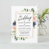 Dusty Blue Watercolor Rose Calligrafy Wedding Einladung (Stehend Vorderseite)