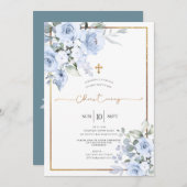 Dusty Blue Watercolor Rose Christening Einladung (Vorne/Hinten)