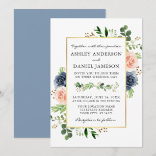 Dusty Blue Watercolor Rose Grüne Hochzeit Einladung