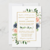 Dusty Blue Watercolor Rose Hochzeit Gold Einladung (Vorderseite)
