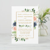Dusty Blue Watercolor Rose Hochzeit Gold Einladung (Stehend Vorderseite)