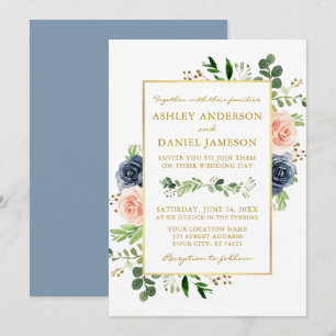 Dusty Blue Watercolor Rose Hochzeit Gold Einladung