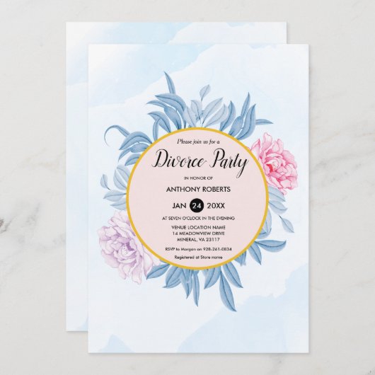 Dusty Blue Watercolor Sukkulentes Party Scheidung Einladung (Vorne/Hinten)