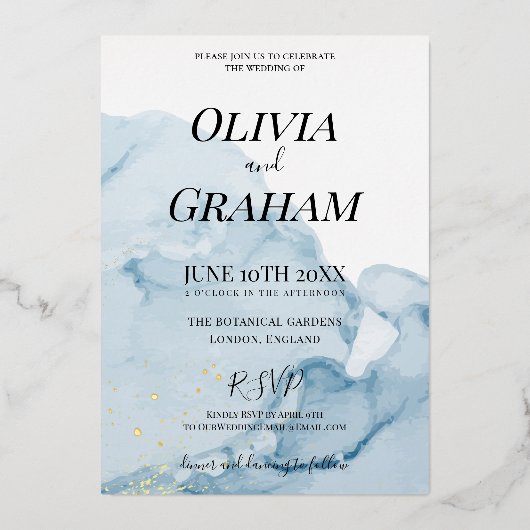 Dusty Blue Watercolor Traditionelle Goldene Einlad Folieneinladung (Vorderseite)