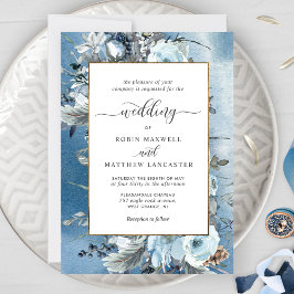 Dusty Blue Watercolor und Elegante Blumenhochzeit Einladung