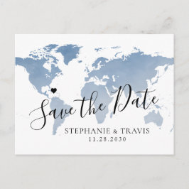 Dusty Blue Watercolor Weltkarte Save the Date Ankündigungspostkarte