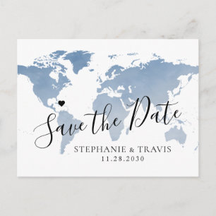 Dusty Blue Watercolor Weltkarte Save the Date Ankündigungspostkarte