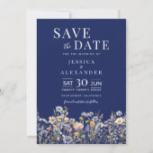 Dusty Blue Watercolor Wildblumen Navy Hochzeit Save The Date (Vorderseite)