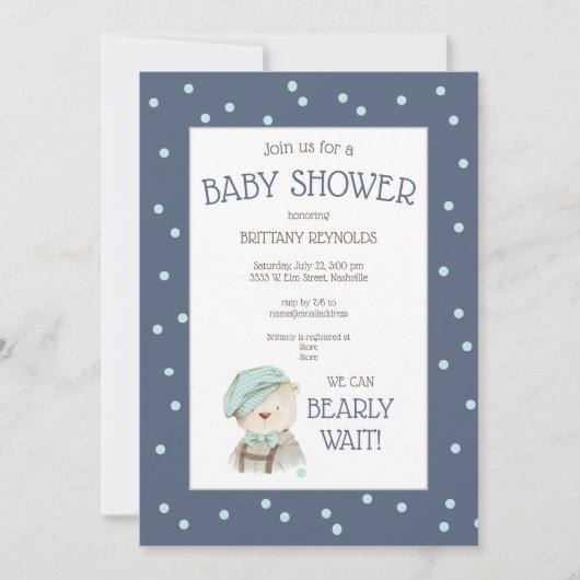Dusty Blue Watercolor Woodland Bear Baby Dusche Einladung (Vorderseite)