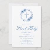 Dusty Blue Watercolor Wreath Erste Kommune Einladung (Vorderseite)