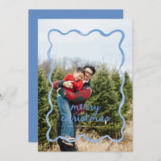 Dusty Blue Wavy Squiggle Border Holiday Foto Card Einladung (Vorne/Hinten)