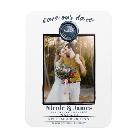 Dusty Blue Wax Siegel Foto Wedding Save the Date Magnet (Vertikal)