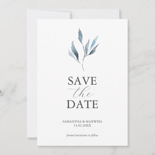 Dusty Blue Wedding Announcements Watercolor Blätte Save The Date (Vorderseite)