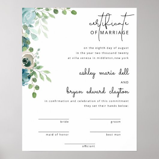 Dusty Blue Wedding Certificate Card Poster (Vorne)