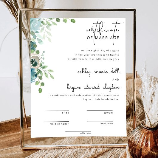 Dusty Blue Wedding Certificate Card Poster