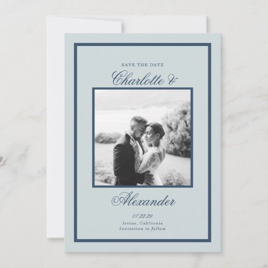 Dusty Blue Wedding Classic Script Save the Date Einladung (Vorderseite)