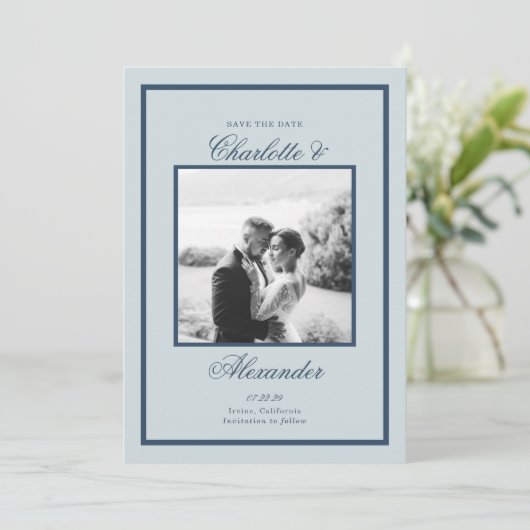Dusty Blue Wedding Classic Script Save the Date Einladung (Stehend Vorderseite)