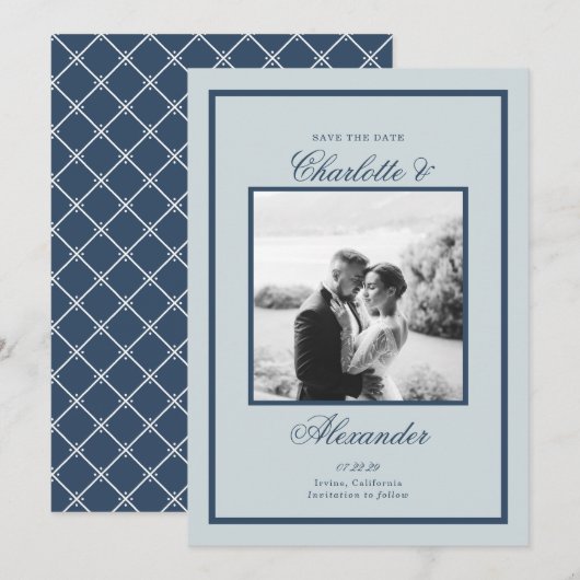 Dusty Blue Wedding Classic Script Save the Date Einladung (Vorne/Hinten)