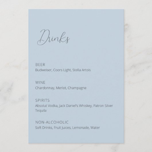 Dusty Blue Wedding Drinks Menü-Zeichen (Vorderseite)