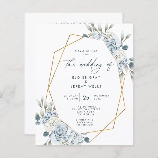 Dusty Blue Wedding Einladung (Vorne/Hinten)