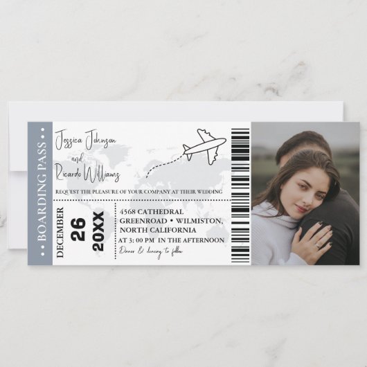 Dusty Blue Wedding Einladung Boarding Pass Ticket (Vorderseite)