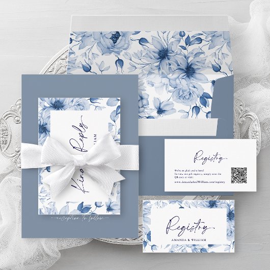Dusty Blue Wedding Einladung mit QR Code