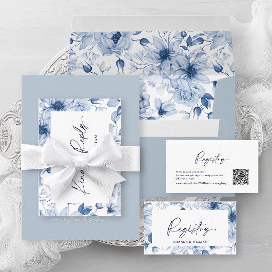 Dusty Blue Wedding Einladung mit QR Code