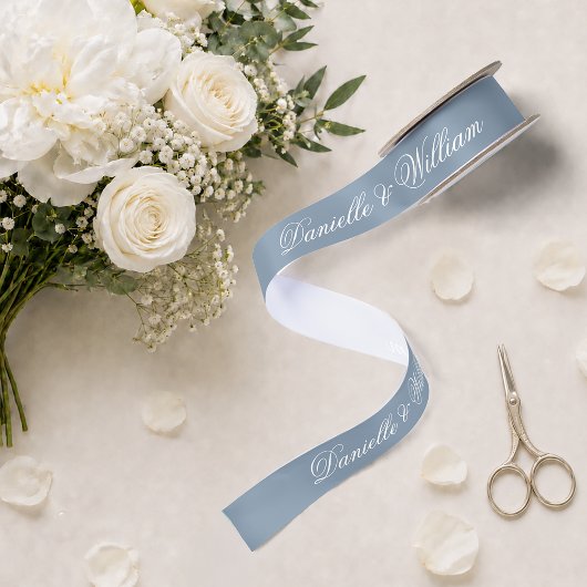 Dusty Blue Wedding Elegant Script Calligraphy Satinband