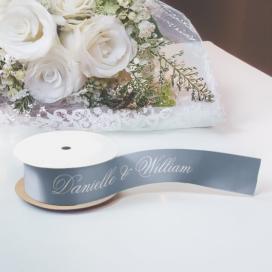 Dusty Blue Wedding Elegant Script Calligraphy Satinband