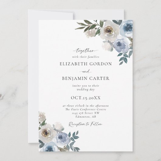 Dusty Blue Wedding Floral Elegantes Script Rustic Einladung (Vorderseite)