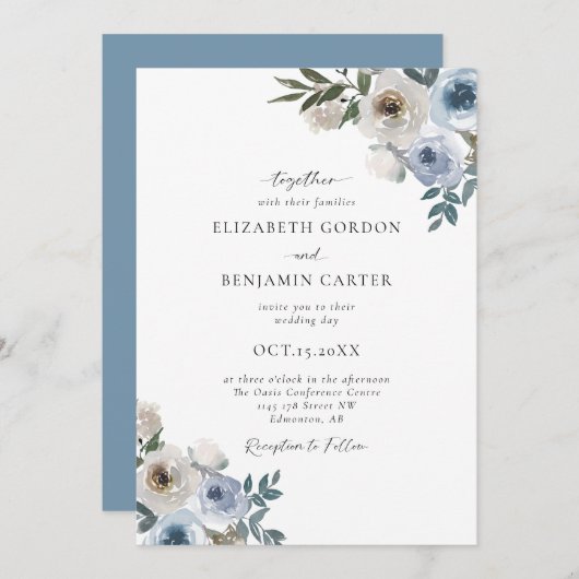 Dusty Blue Wedding Floral Elegantes Script Rustic Einladung (Vorne/Hinten)