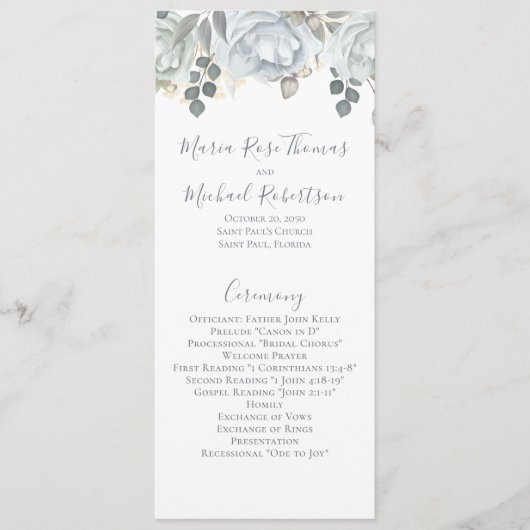 Dusty Blue Wedding Floral Script Programm (Vorderseite)