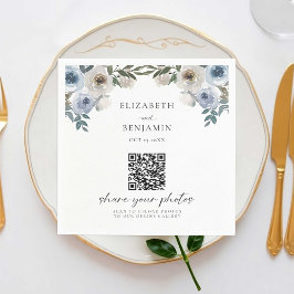 Dusty Blue Wedding Floral Share Fotos QR Code Serviette