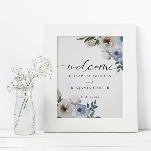 Dusty Blue Wedding Floral Willkommen Elegant Poster