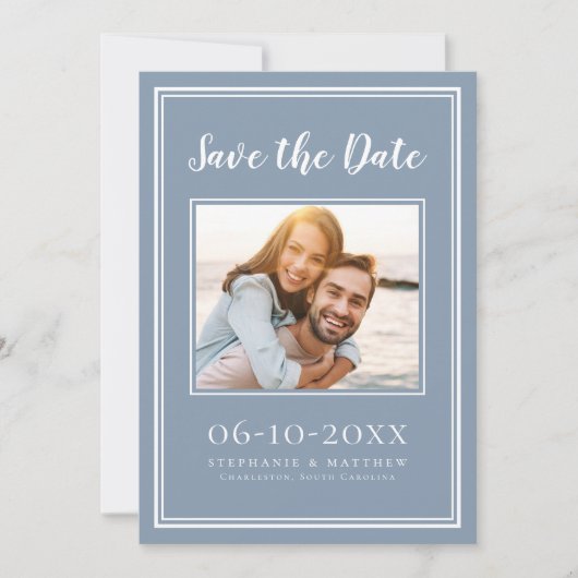Dusty Blue Wedding Foto Einfache Verlobung Moderne Save The Date (Vorderseite)