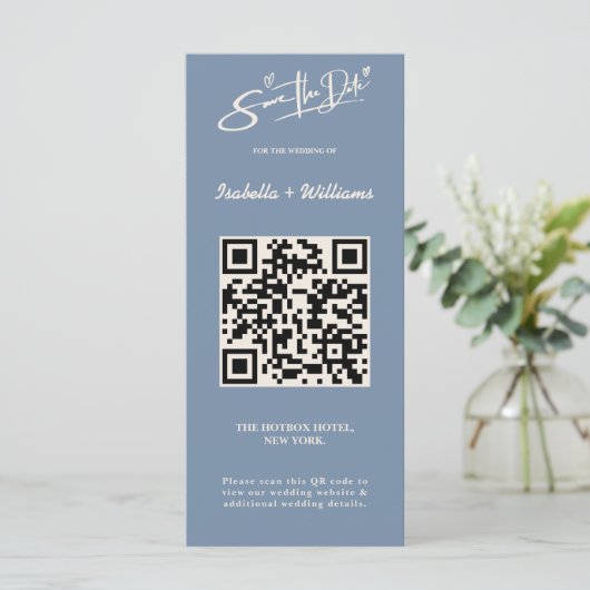 Dusty Blue Wedding Foto QR Code Elegant (Stehend Vorderseite)