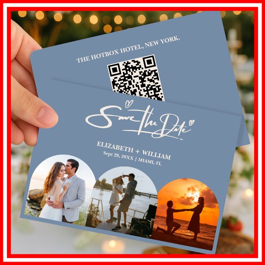 Dusty Blue Wedding Foto QR Code Elegant Save The Date