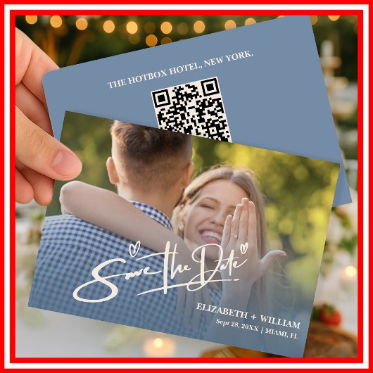 Dusty Blue Wedding Foto QR Code Elegant Save The Date