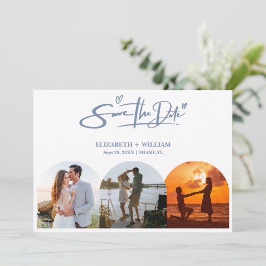 Dusty Blue Wedding Foto QR Code Elegant Save The Date (Stehend Vorderseite)