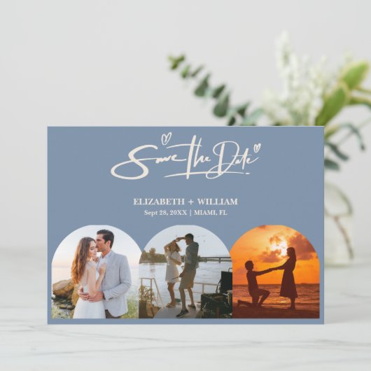 Dusty Blue Wedding Foto QR Code Elegant Save The Date (Stehend Vorderseite)