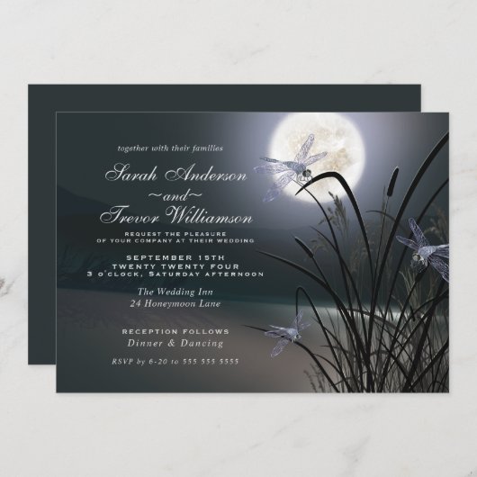Dusty Blue Wedding Full Moon Dragonfly Pond Einladung (Vorne/Hinten)