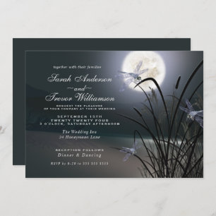 Dusty Blue Wedding Full Moon Dragonfly Pond Einladung