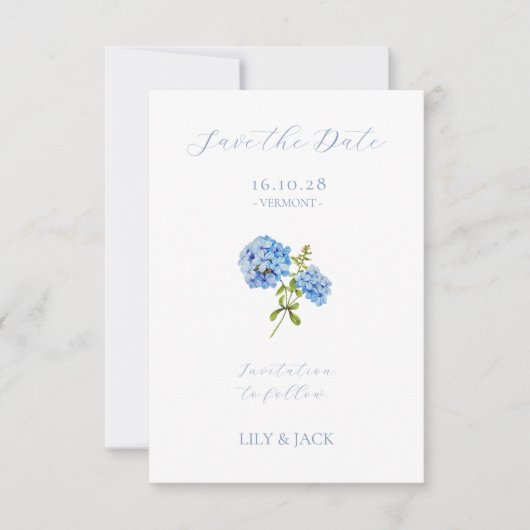 Dusty Blue Wedding Hydrangea Save the Date Card (Vorderseite)