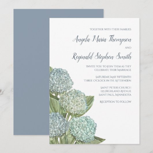 Dusty Blue Wedding Modern Hydrangea Simple Einladung (Vorne/Hinten)